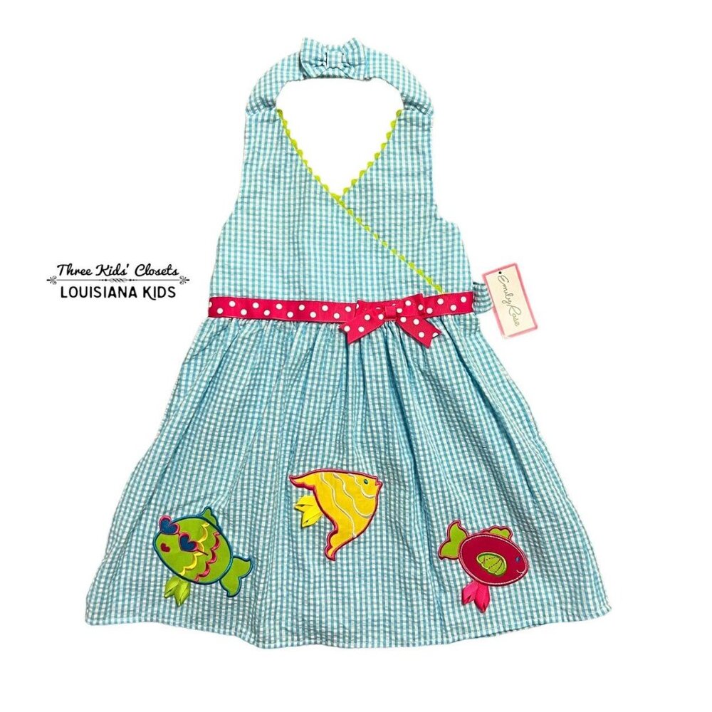 NEW Emily Rose Sz 5 Fish Appliqué Gingham Halter Dress